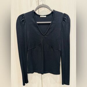Marine Layer Black V-Neck Long Sleeve Top with Subtle Puff Shoulders XS